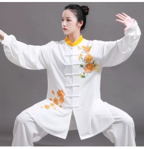 Yellow flowers printed chinese kung fu uniforms tai chi clothing wushu competition suit  morning fitness exercises clothes for unisex for women and men 